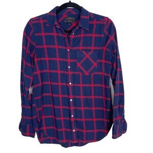 J Crew Womens 0 Navy Blue Red Classic Fit Boy Shirt in Block Plaid Button Down